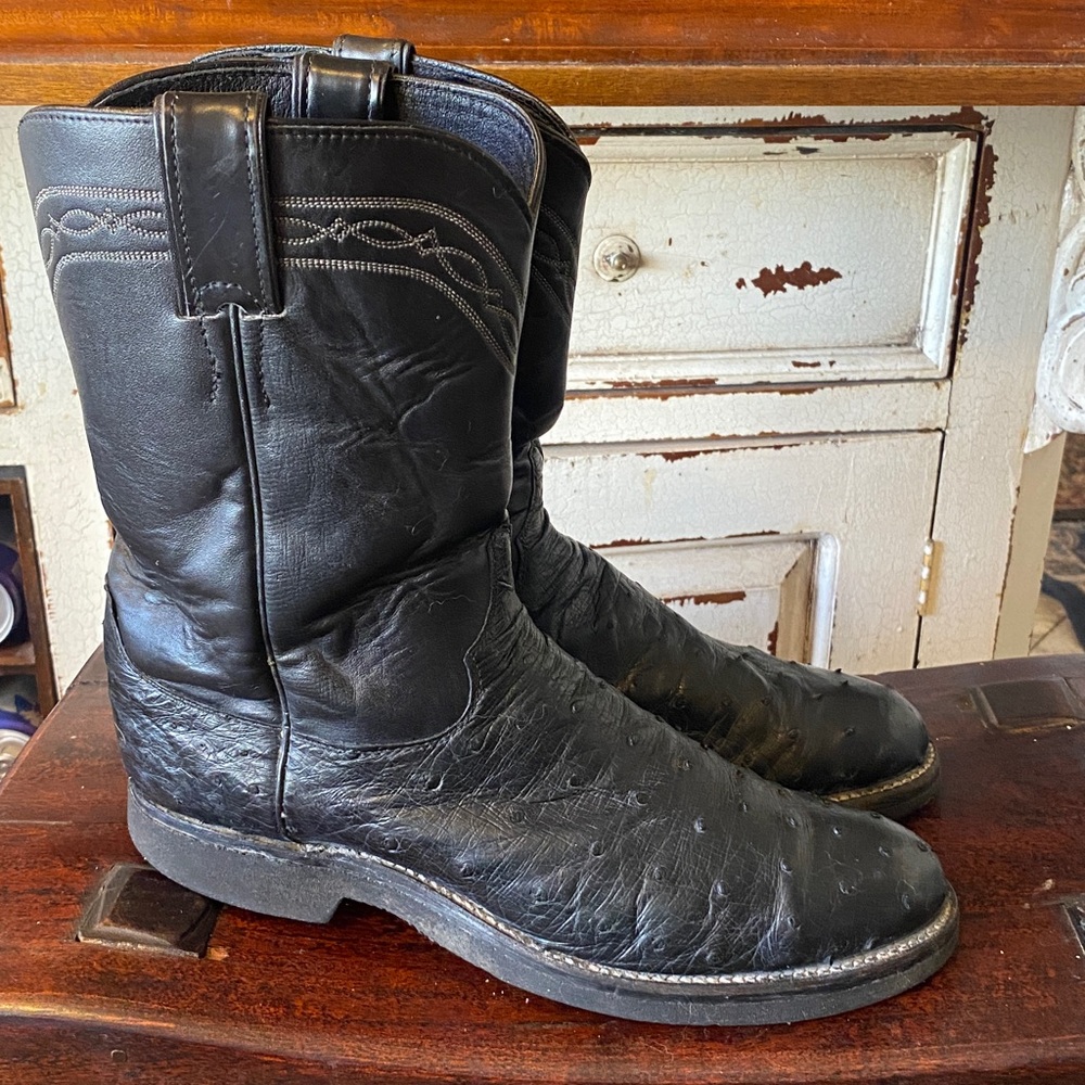 Vtg Justin Smooth Quill Ostrich Black Western Boots Cowboy Roper Men's